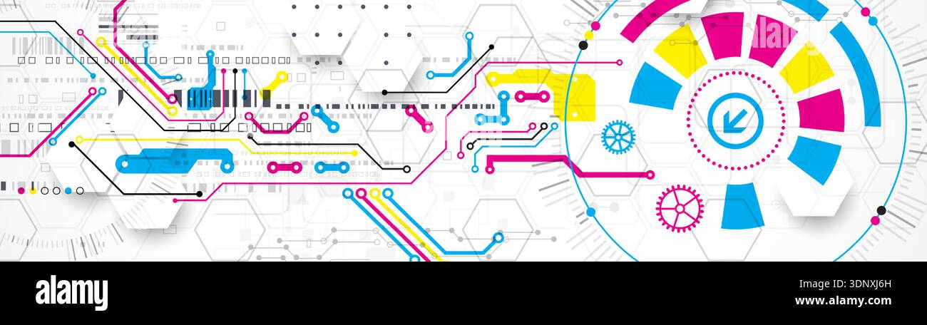 Abstract technological background with various elements. CMYK concept. Vector Stock Vector