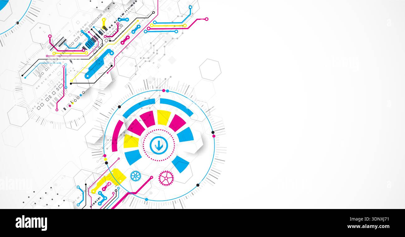 Abstract technological background with various elements. CMYK concept. Vector Stock Vector