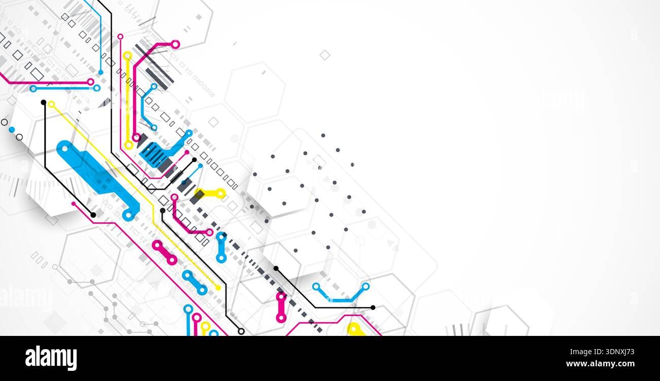 Abstract technological background with various elements. CMYK concept. Vector Stock Vector