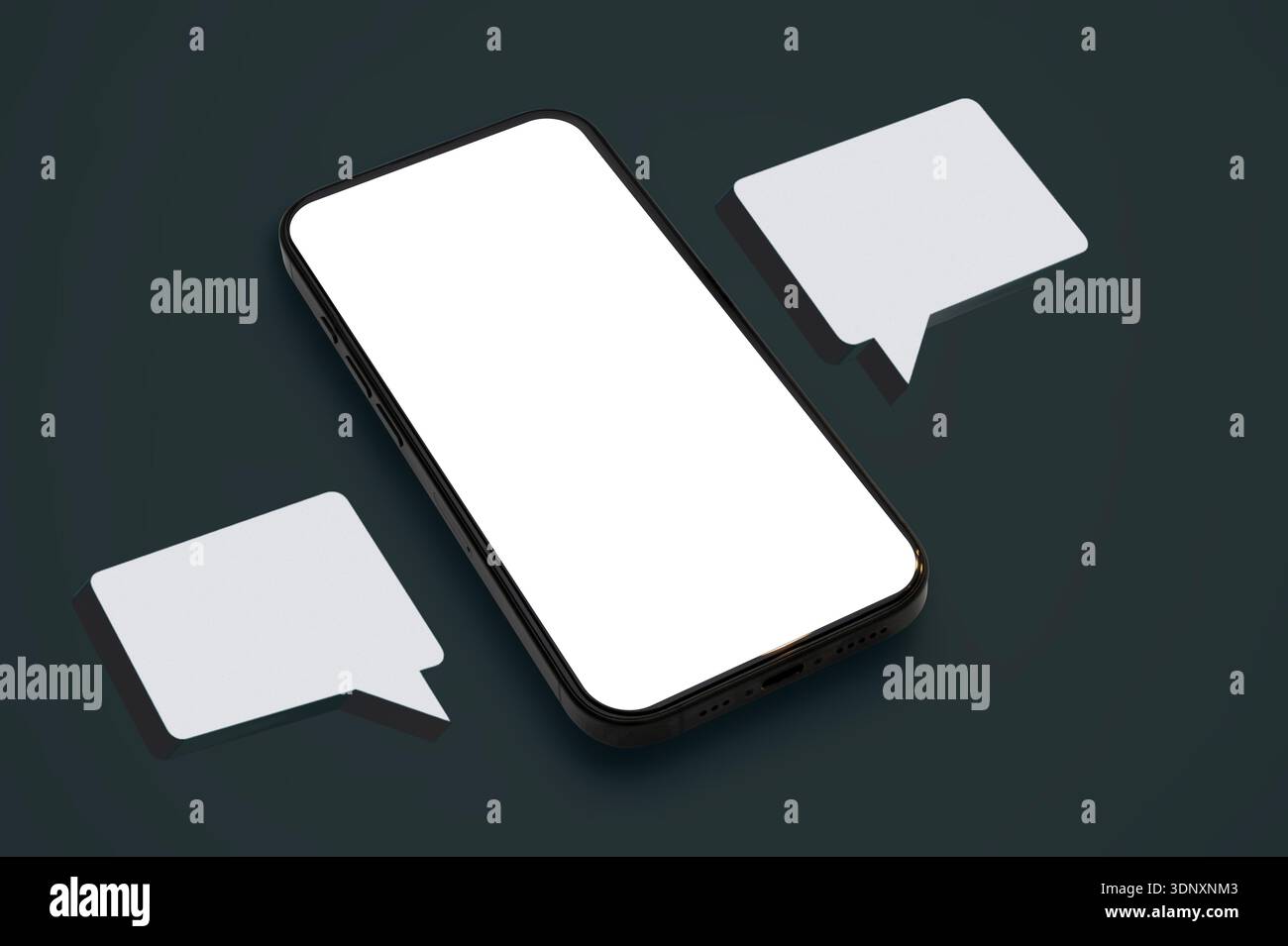 Blank smartphone screen mockup with floating speech bubbles on dark background, representing mobile messaging, chat app interface, notifications, soci Stock Photo