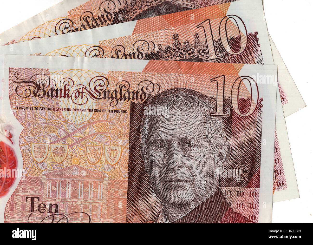 £10 bank notes from Great Britain featuring a portrait of King Charles ...