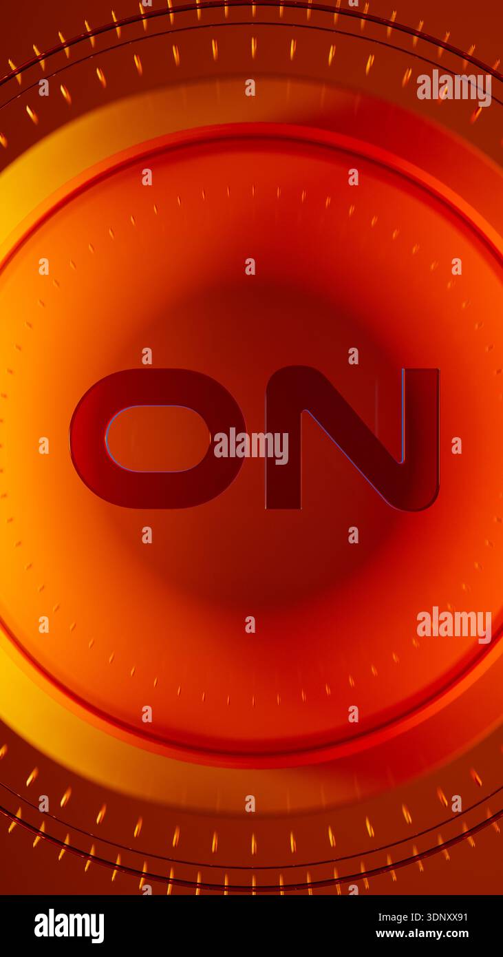 A vibrant, futuristic visual displays the word on, set against a glowing orange backdrop. The scene suggests energy and advanced technology. Stock Photo
