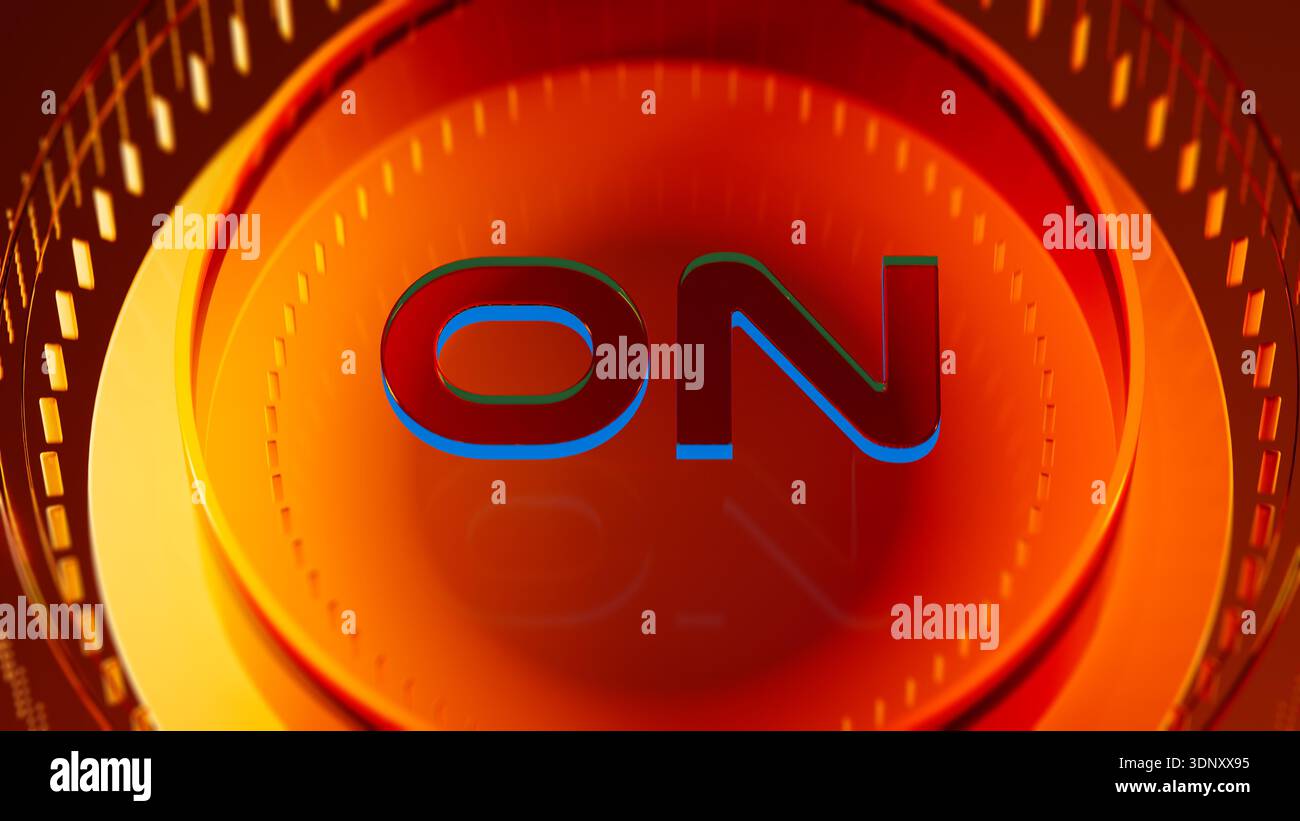 A vibrant, futuristic visual displays the word on, set against a glowing orange backdrop. The scene suggests energy and advanced technology. Stock Photo