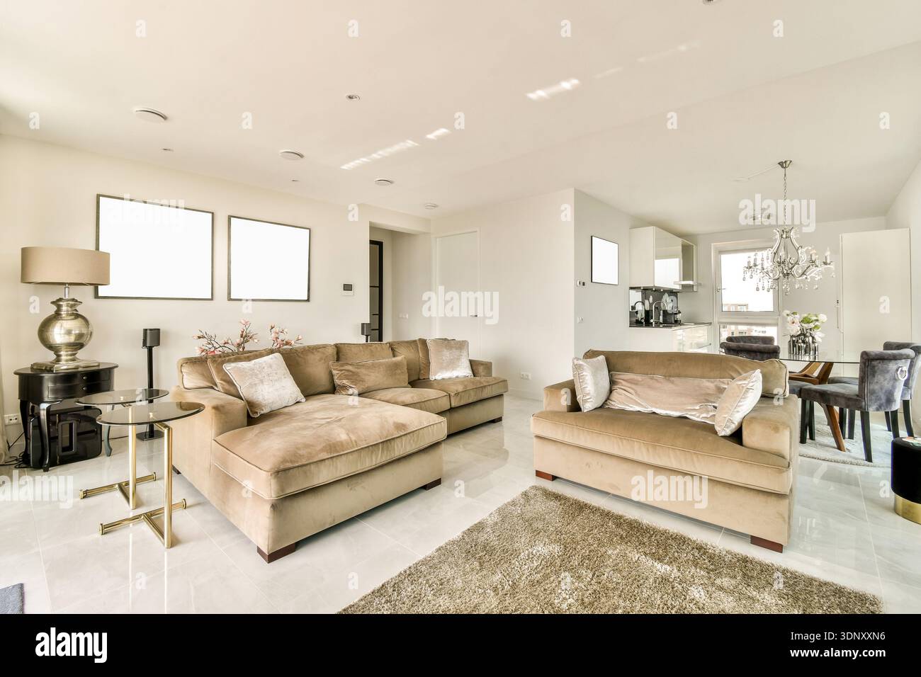 Spacious open plan living room and kitchen with elegant decor and ...