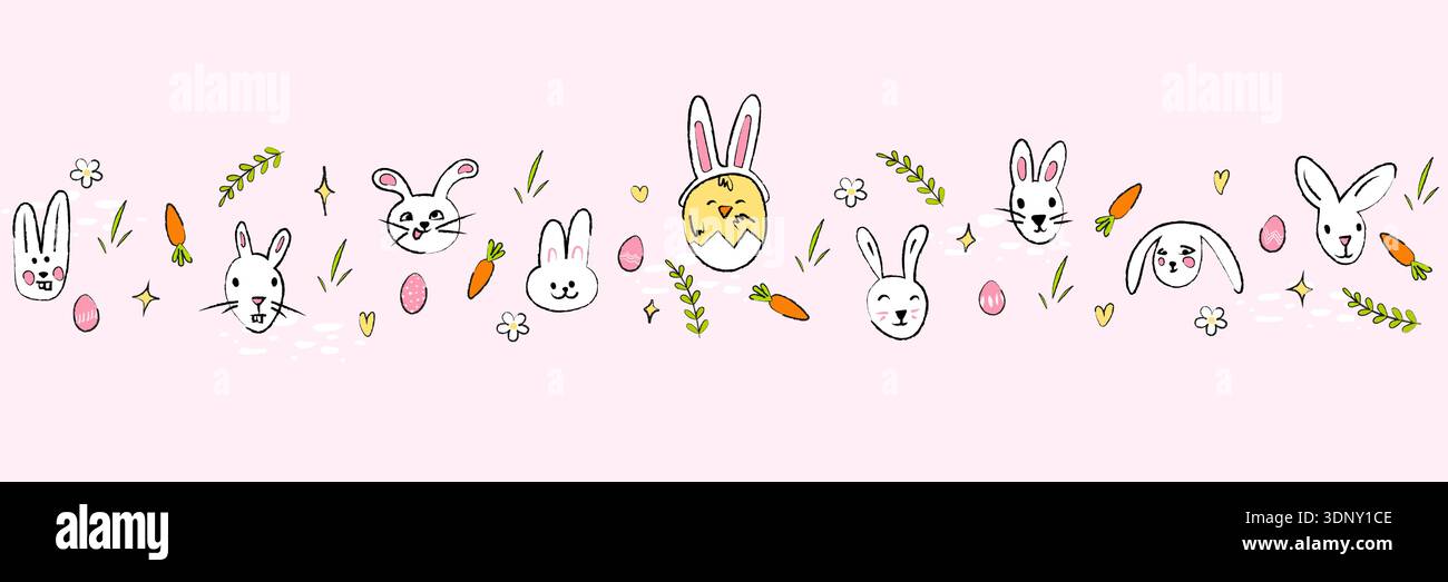 Easter border, Easter bunny banner, eggs and chick pattern Stock Vector