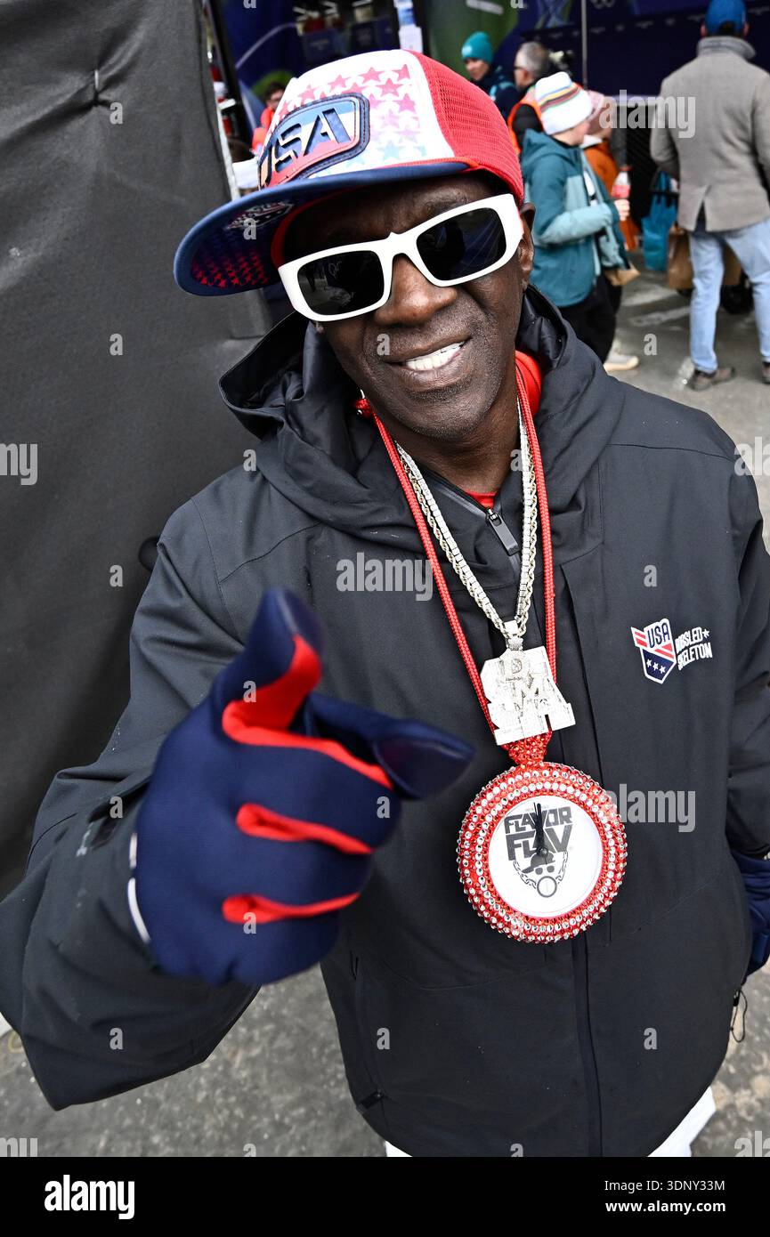 American rapper 'Flavor Flav' attends the Men's Skeleton Heat 2 on day ...