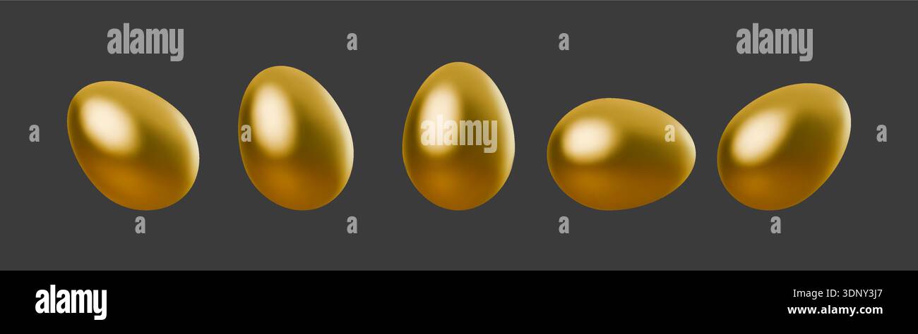 Golden Easter eggs displayed in rows, realistic 3D illustration with shiny metallic shells. Perfect for holiday designs, religious celebrations, and Stock Vector