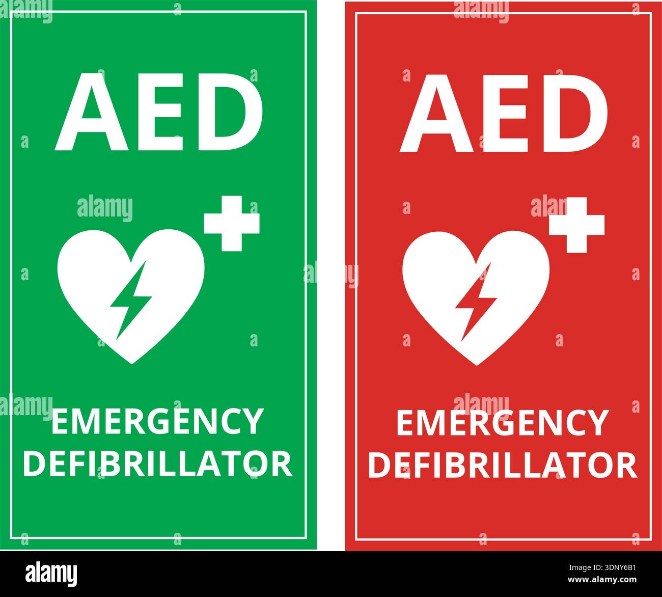 Green and red AED emergency defibrillator sign isolated on a white ...