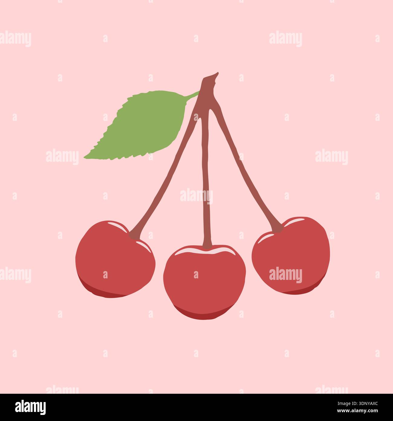 Three cherries on a bright red background, vector illustration, healthy food or fruits Stock Vector