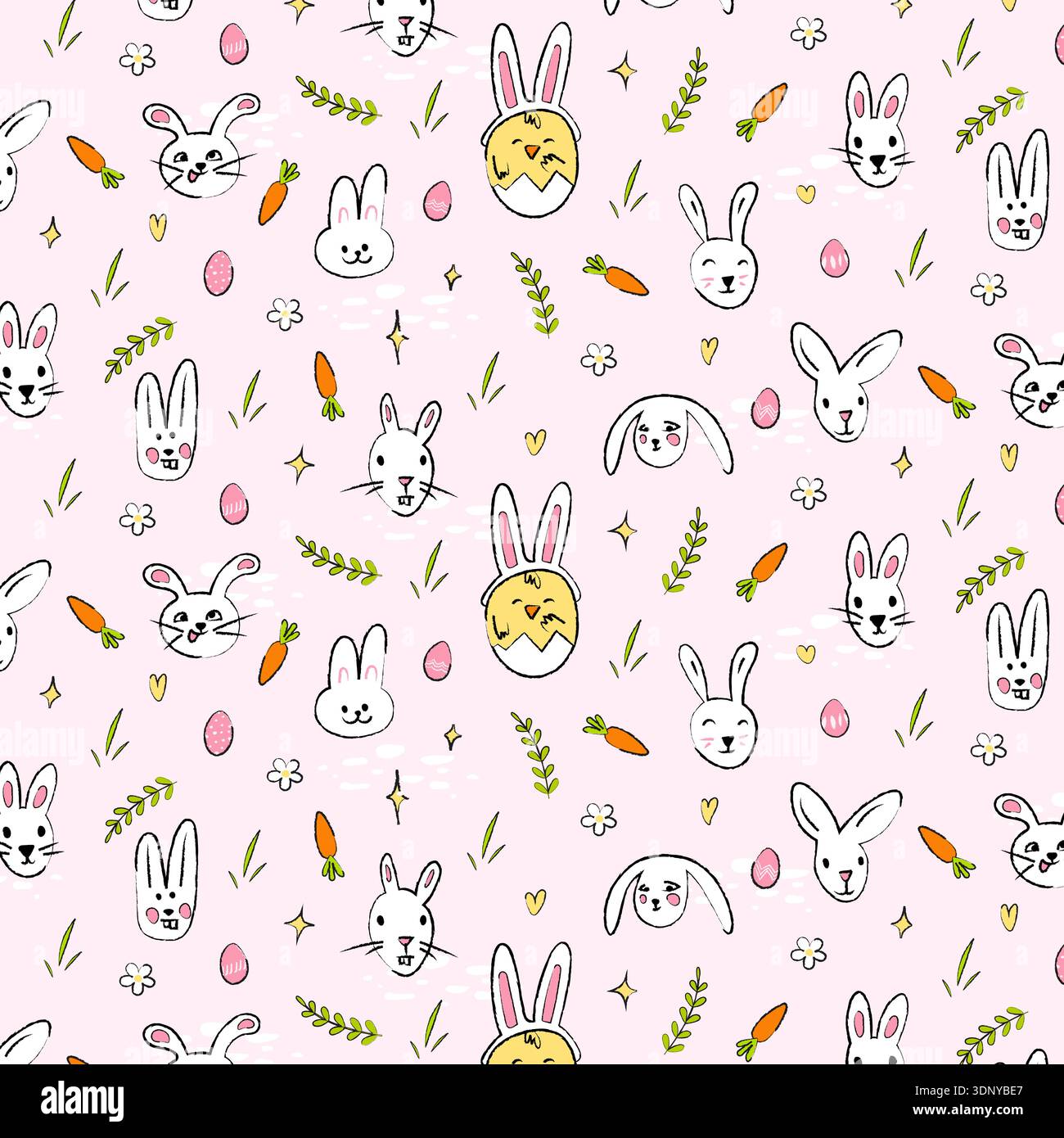 Easter background with Easter decorations seamless pattern. Easter pattern with Easter bunnies, chick with a rabbit ears hat. Cartoon style Easter bac Stock Vector