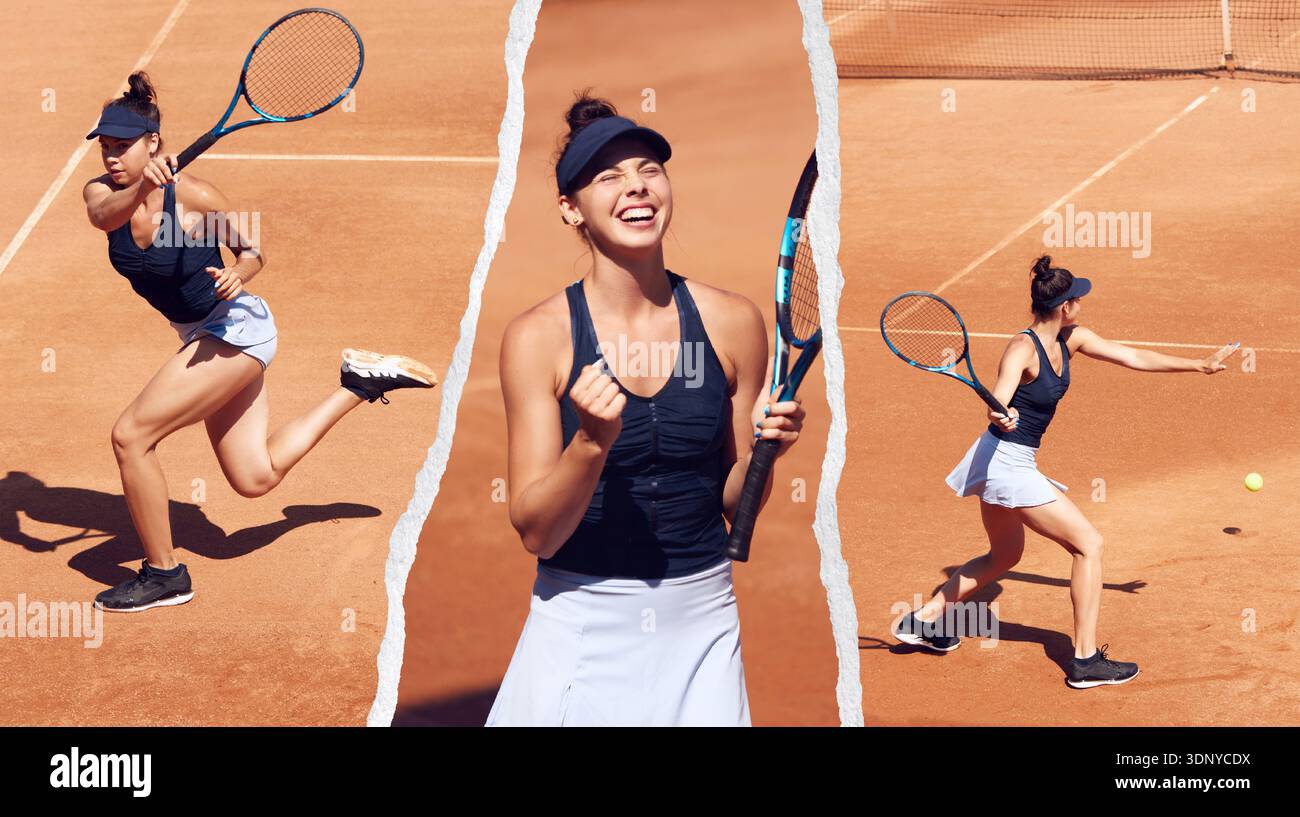 Tennis Rallying Tennis collage with torn paper effect showing female player serving ...