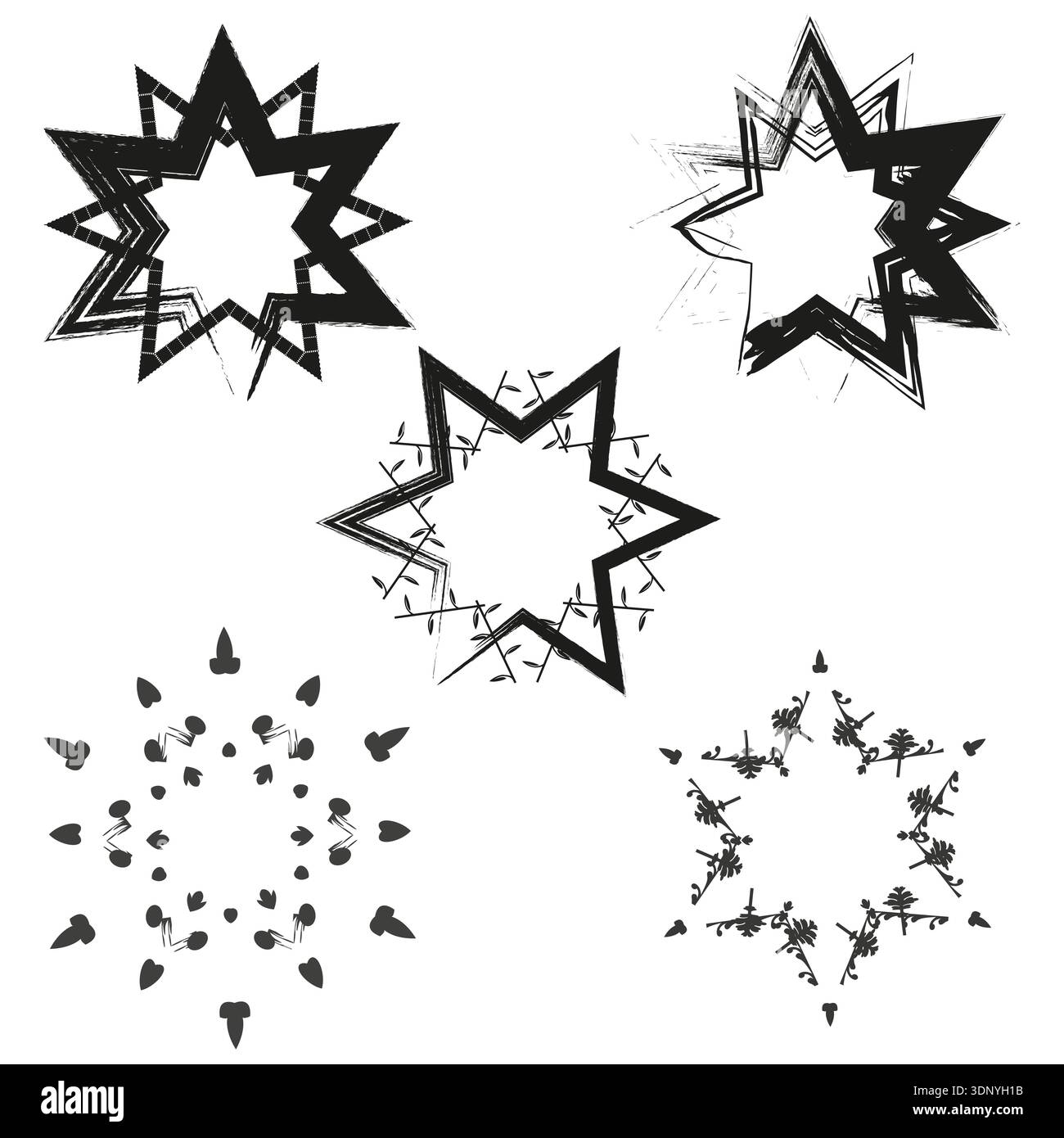 Black grunge star. Rough radial emblem. Vector abstract symbol. Sharp angular frame Stock Vector