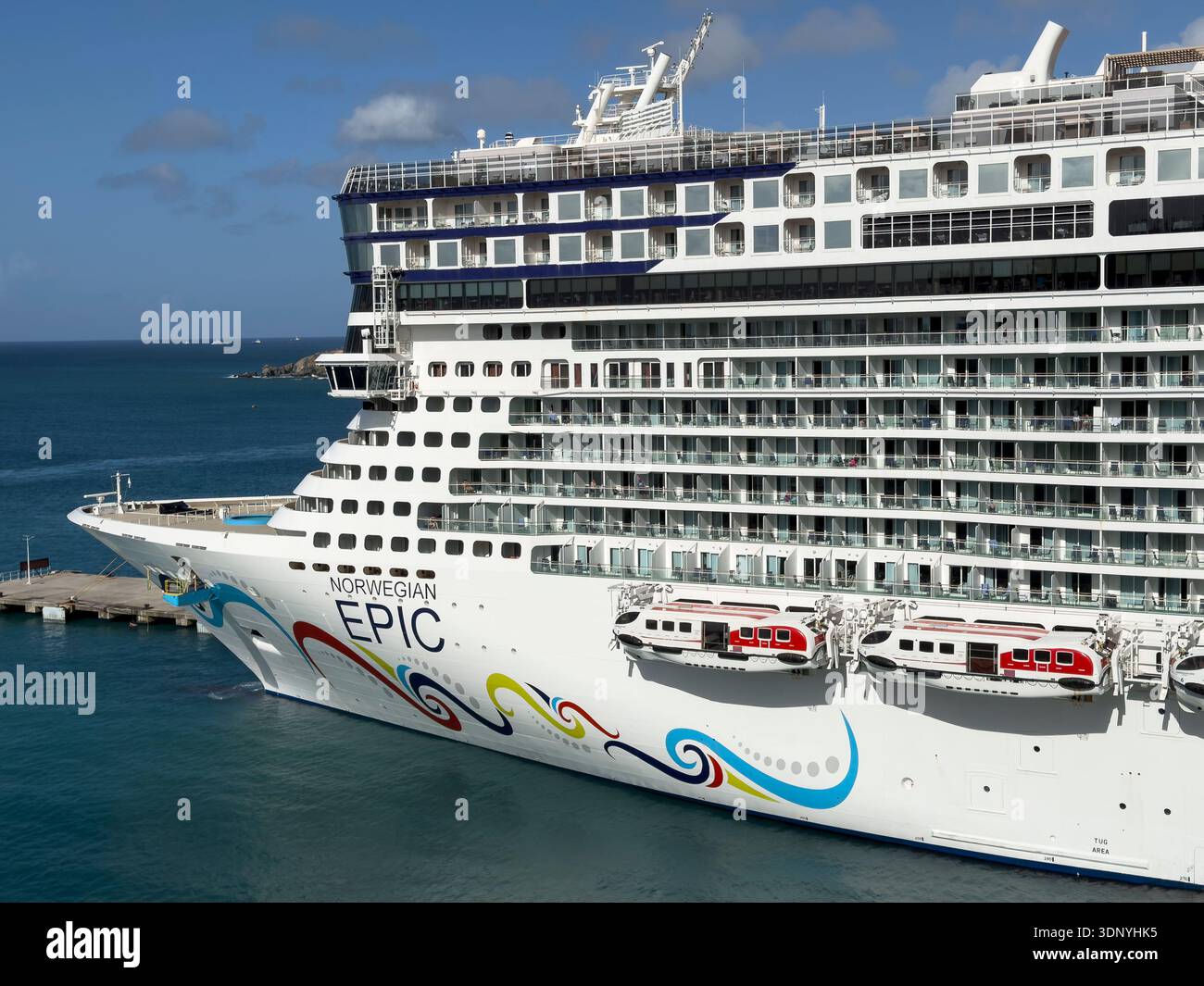 PHILIPSBURG, ST MAARTEN, CARIBBEAN - JANUARY 23, 2026: Norwegian Epic cruise ship moored at Philipsburg harbor in St Maarten - Smartphone Captured Stock Image