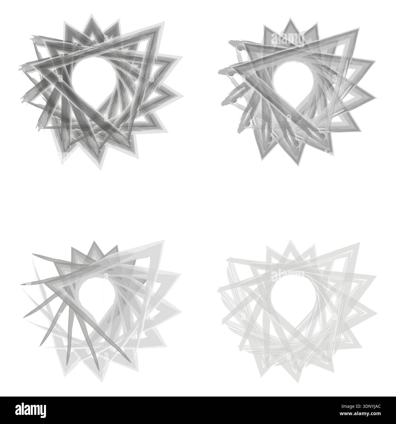 Grey vortex icons. Gradient star shapes. Vector spiral elements. Overlapping circular motion Stock Vector