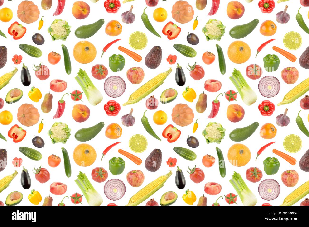 Big beautiful seamless pattern fresh fruits and vegetables isolated on white background. Stock Photo