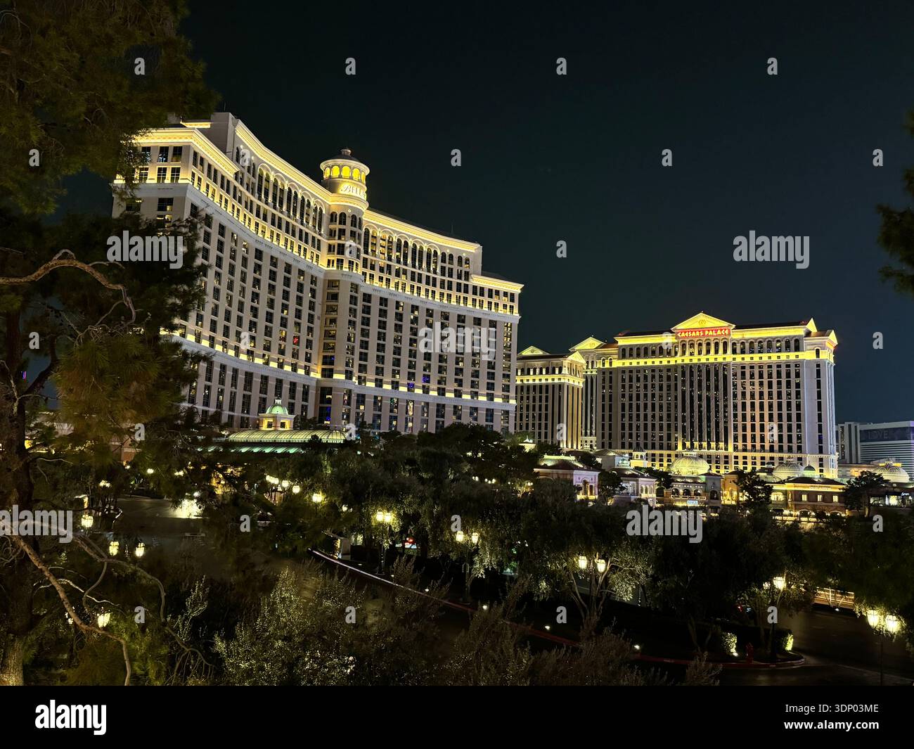 Bellagio Hotel and fountain lake illuminated at night on the Las Vegas Strip, Nevada, USA. - Smartphone Captured Stock Image