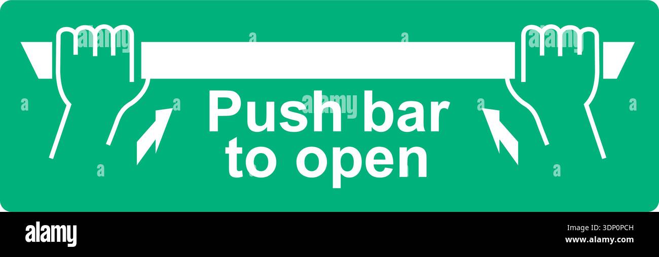 Green and white vector graphic of a Push bar to open sign. Showing how to open a fire door Stock Vector
