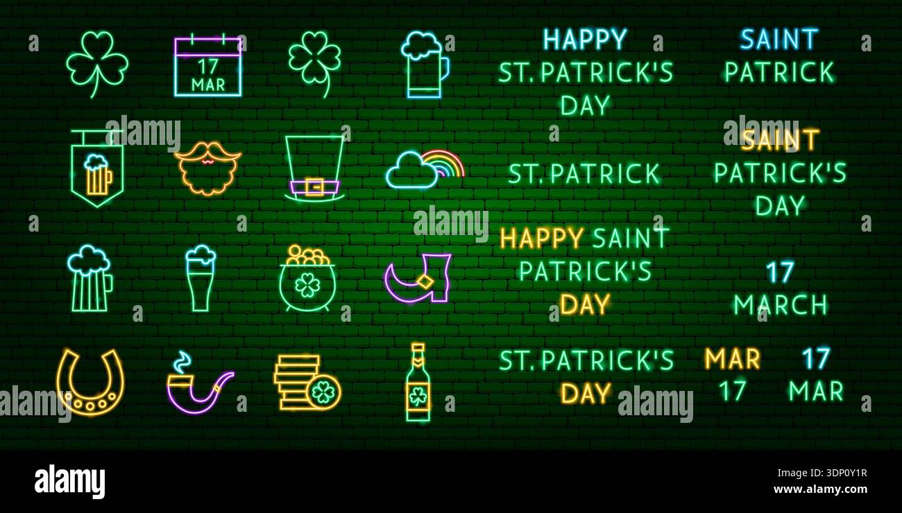 Saint Patricks Day Neon Set Stock Vector