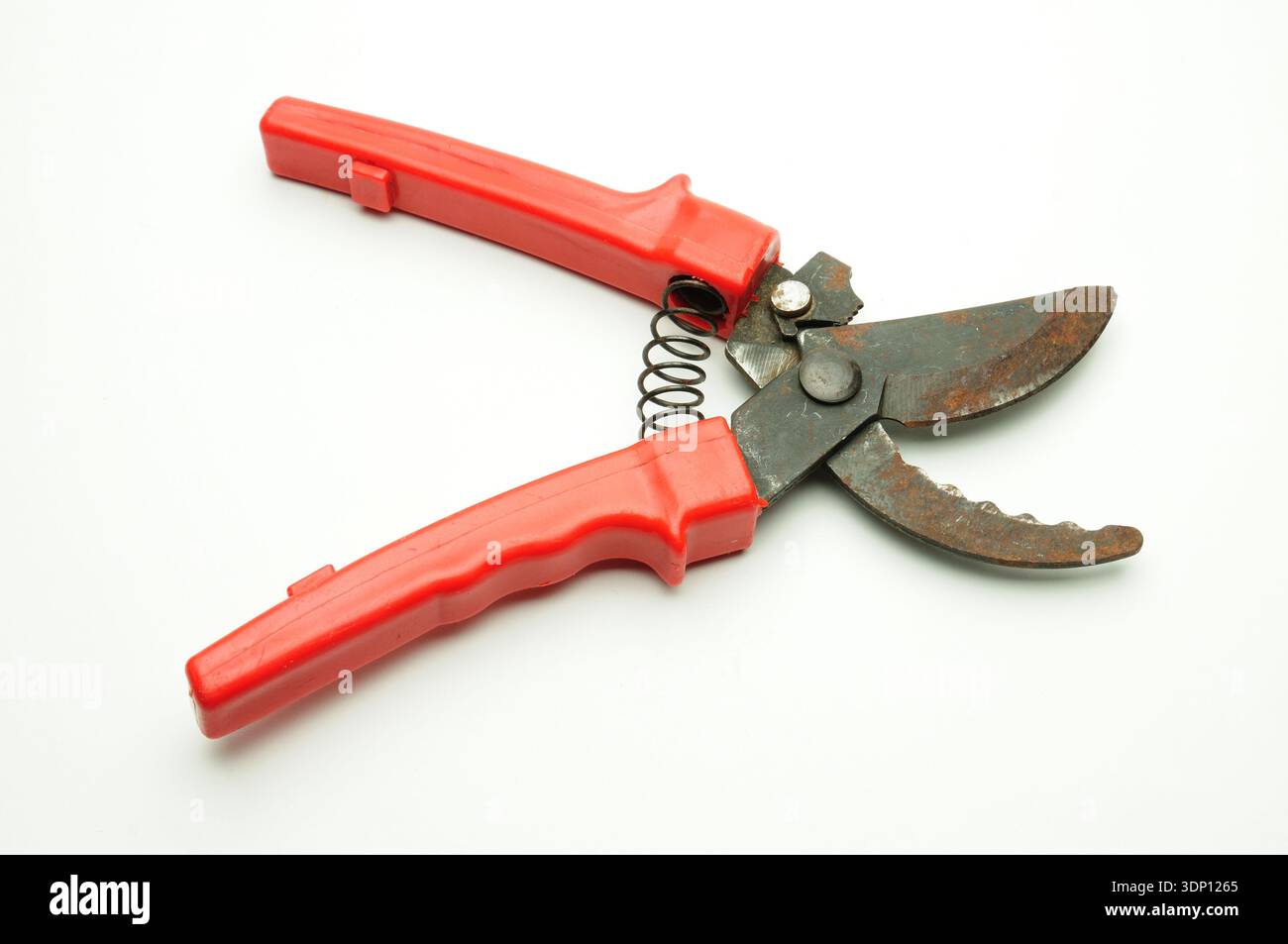 Red scissors for pruning tree branches and bushes on isolated white background Stock Photo