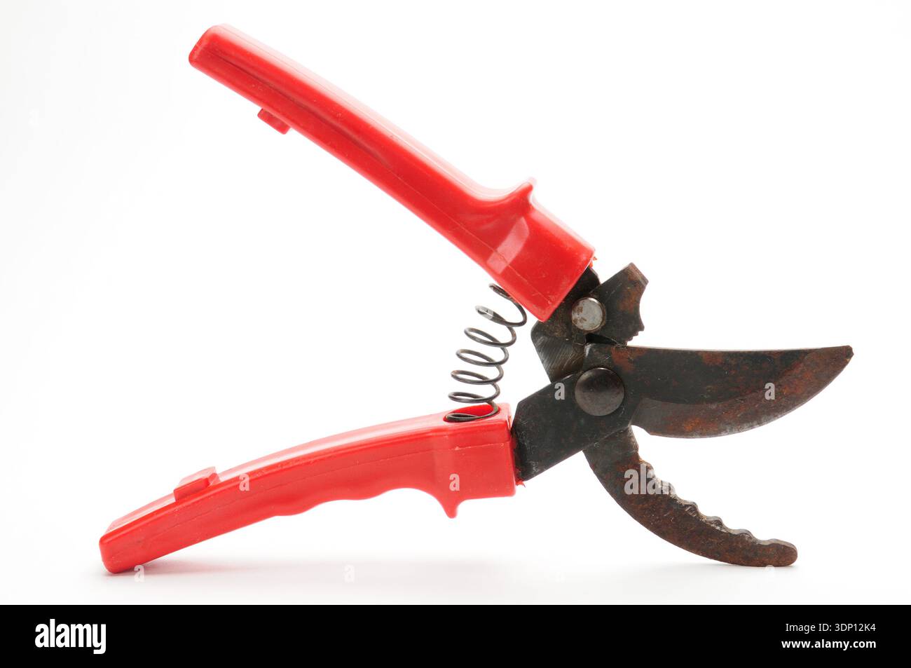 Red scissors for pruning tree branches and bushes on isolated white background Stock Photo