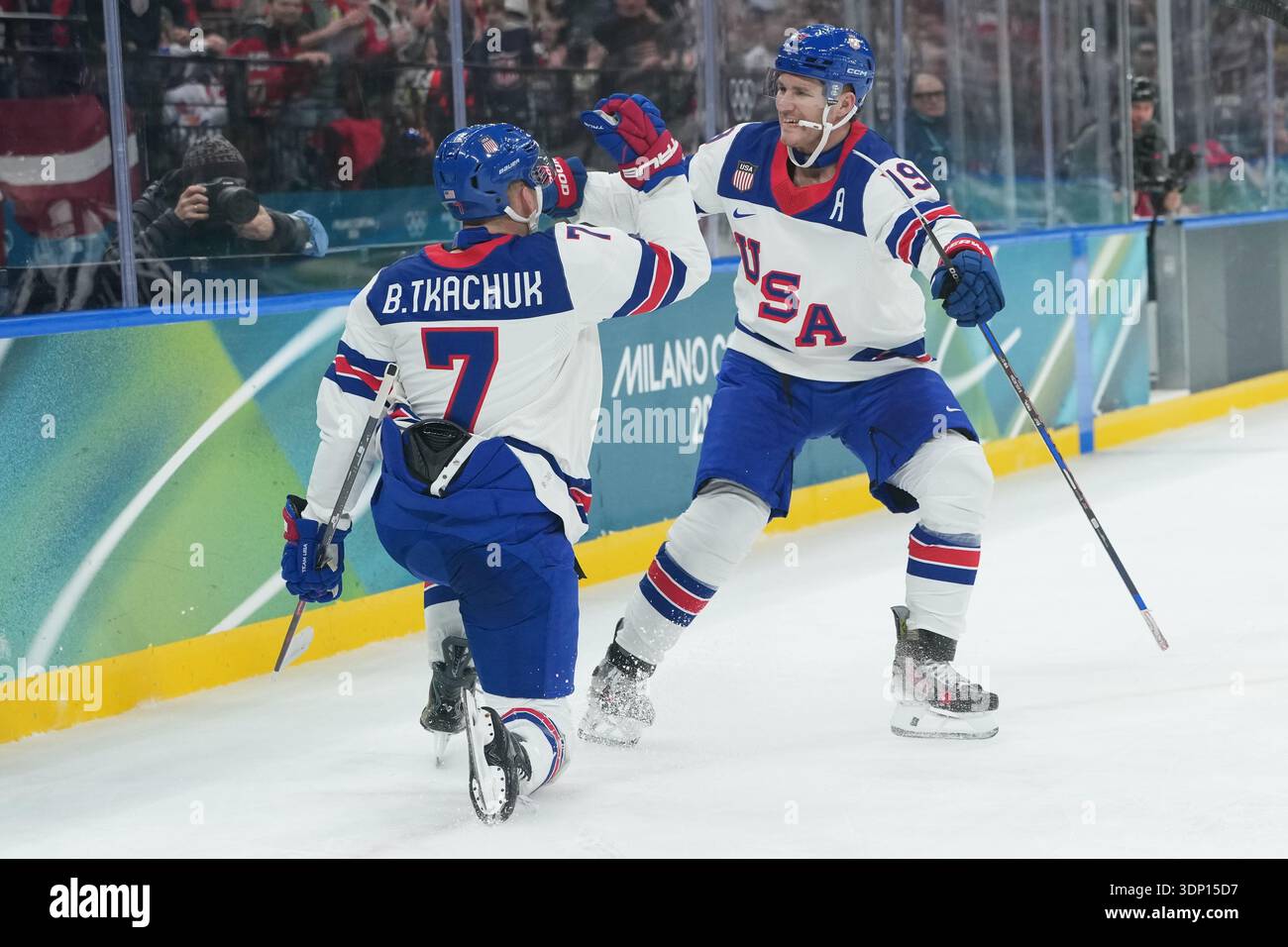 United States' Brady Tkachuk, left, celebrates with United States ...