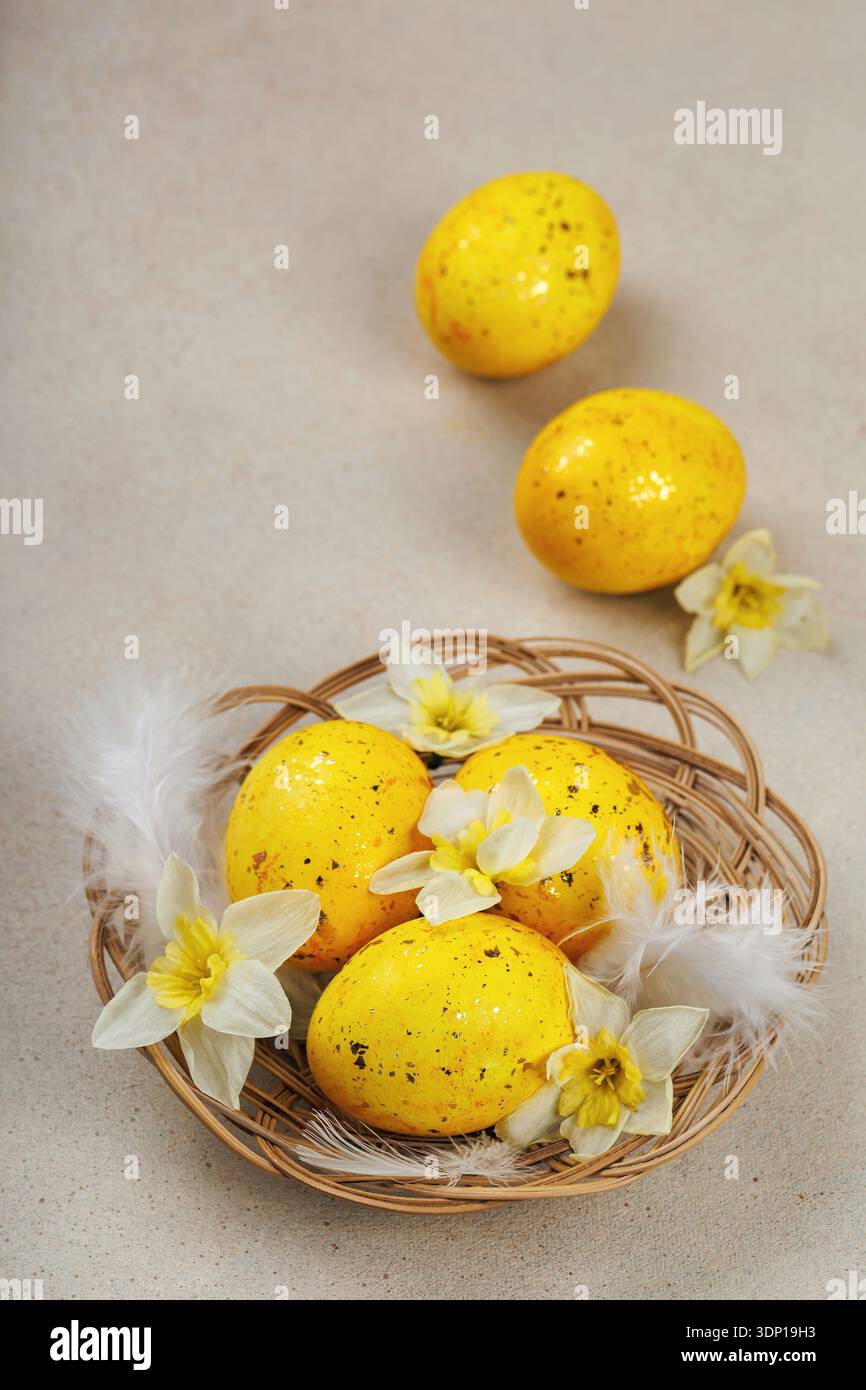 Vertical composition of yellow Easter eggs with daffodils and feathers Stock Photo