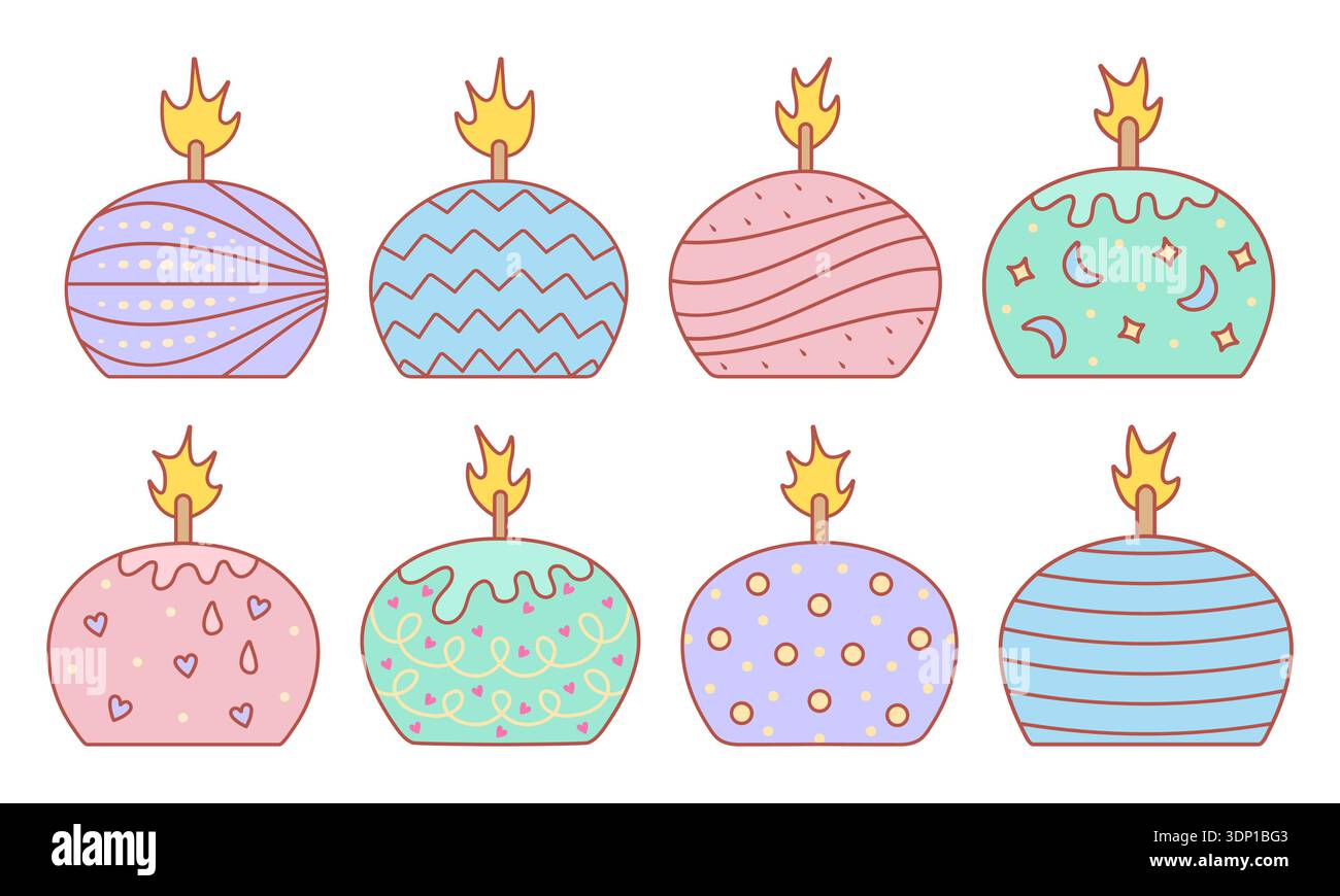 Color retro round candle set. Decorated candle doodles with abstract psychedelic patterns, melted wax and flame. Various cliparts for cozy atmosphere Stock Vector