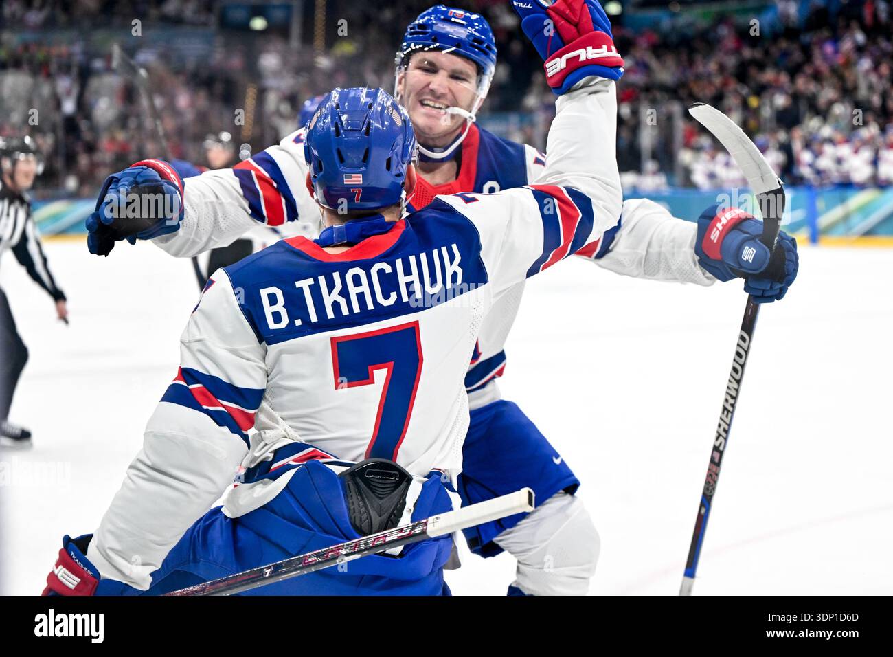 MILAN, ITALY - FEBRUARY 12: Brady Tkachuk of United States celebrate his goal with brother Matthew Tkachuk of United States on day six of the Milano Cortina 2026 Winter Olympic games at