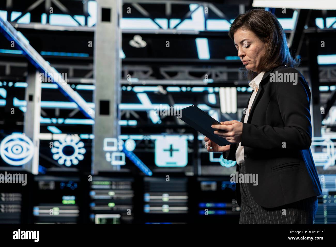Augmented reality upgraded server farm software developer optimizing equipment with tablet. Data center employee updating electronics system with device, VFX compositing futuristic technology concept Stock Photo