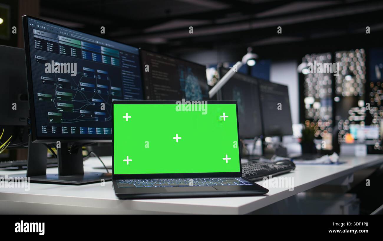 Isolated screen laptop in empty Silicon Valley company office used for developing apps. Mockup notebook using deep learning tech in workplace to debug applications and resolve issues Stock Photo
