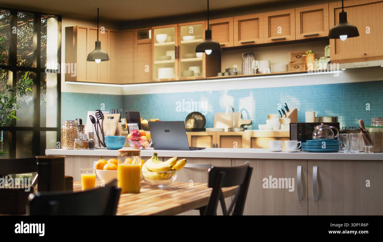 Bright modern kitchen interior with elegant furniture and wooden cupboards. Cookware and fresh vegetables on a cutting board, showcasing a stylish household and luxury home design. Stock Photo
