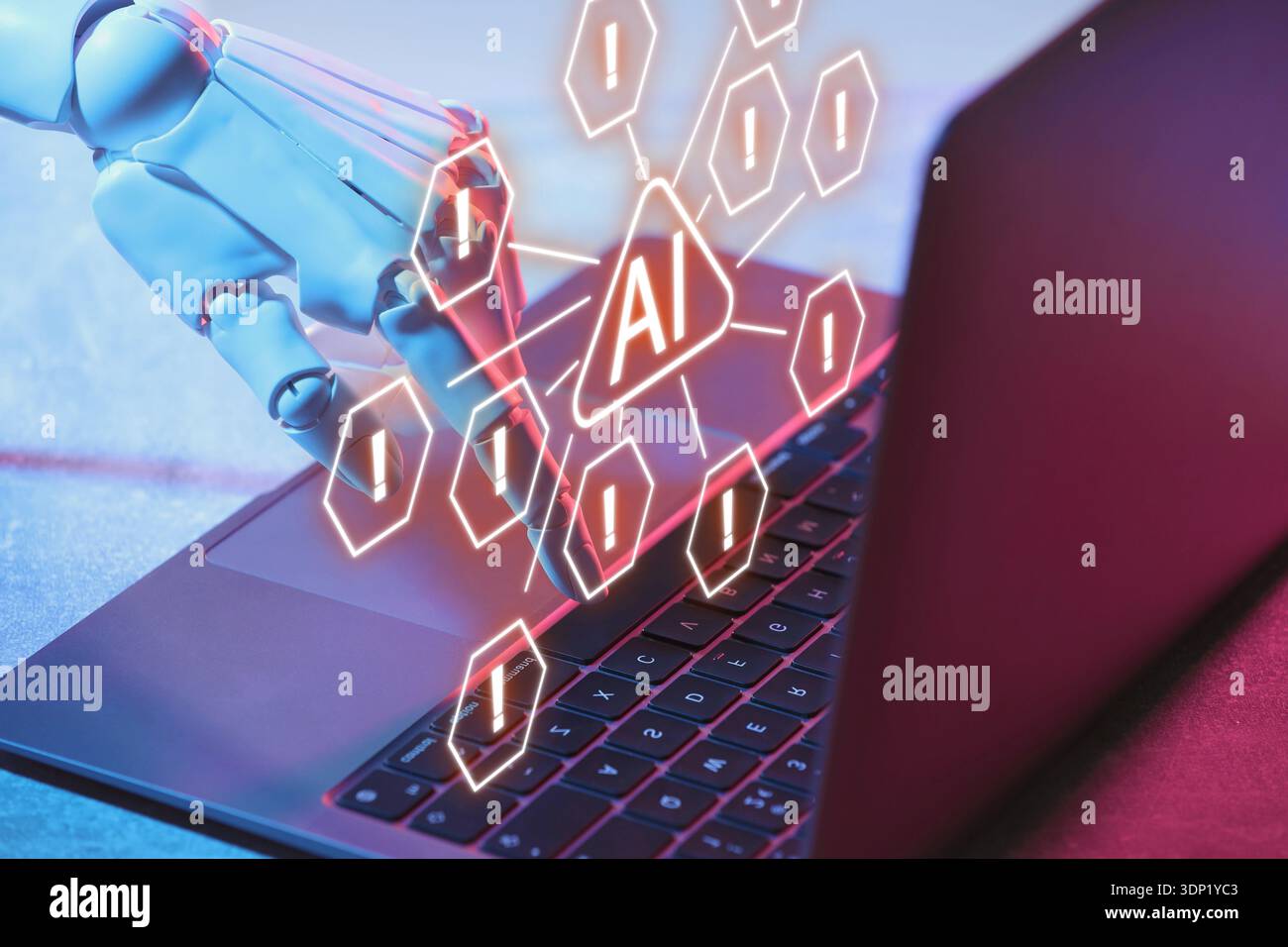 Robot using laptop, virtual screen above computer showing scheme with AI icon and warning notifications. Artificial intelligence safety Stock Photo
