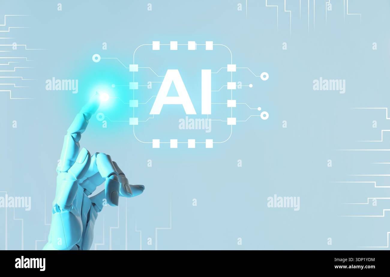 Robotic hand touching virtual AI microchip against grey background. Artificial intelligence technology Stock Photo