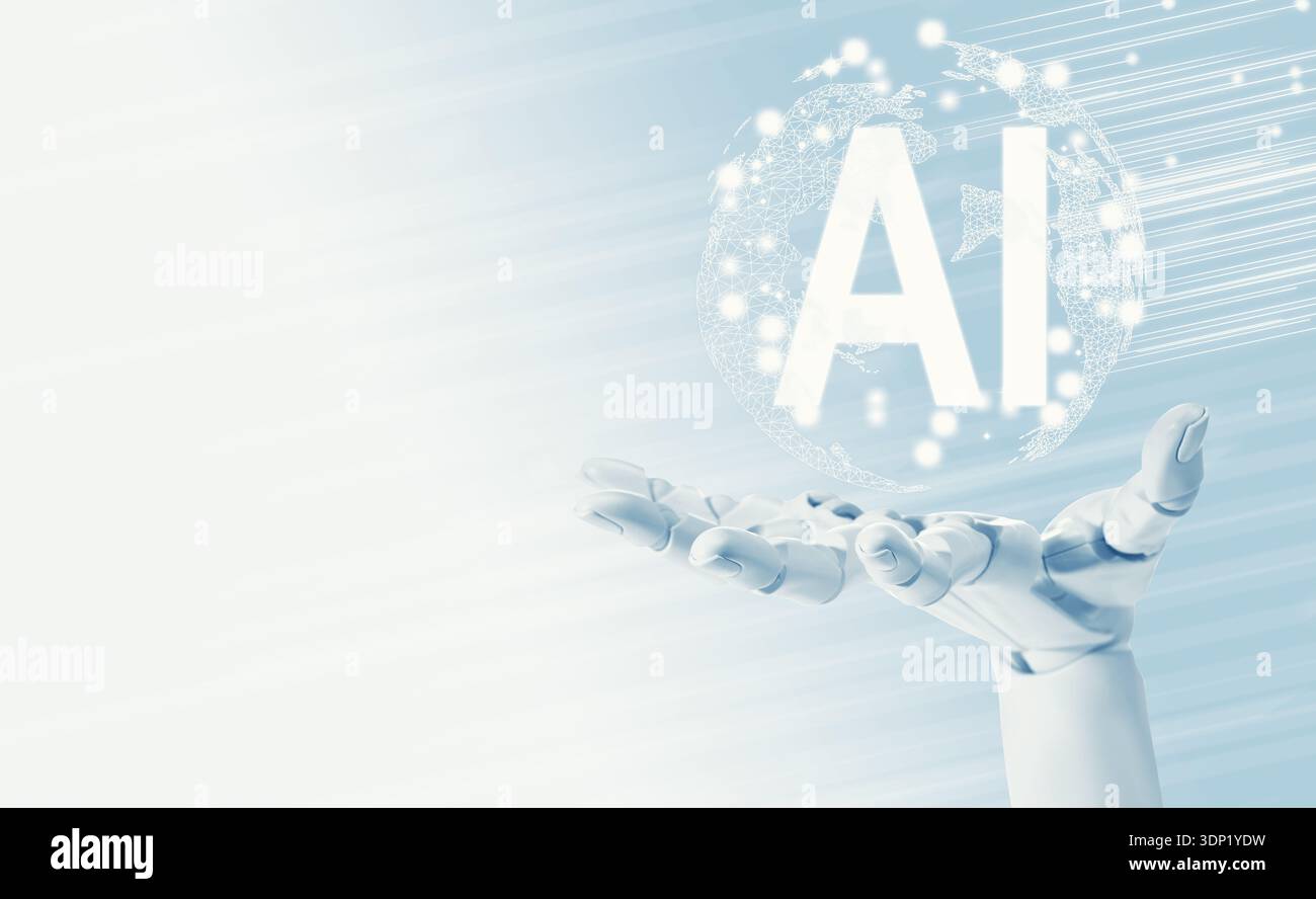 Robotic hand holding virtual globe with AI abbreviation against light grey gradient background. Artificial intelligence technology Stock Photo