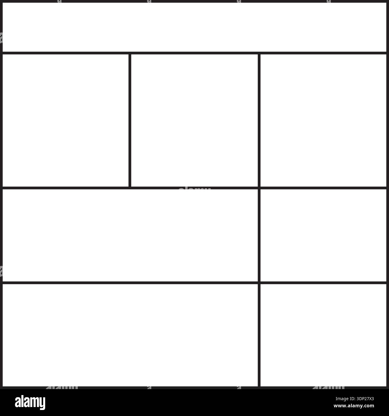 Four irregular rows, three-column grid layout with margins and borders ...