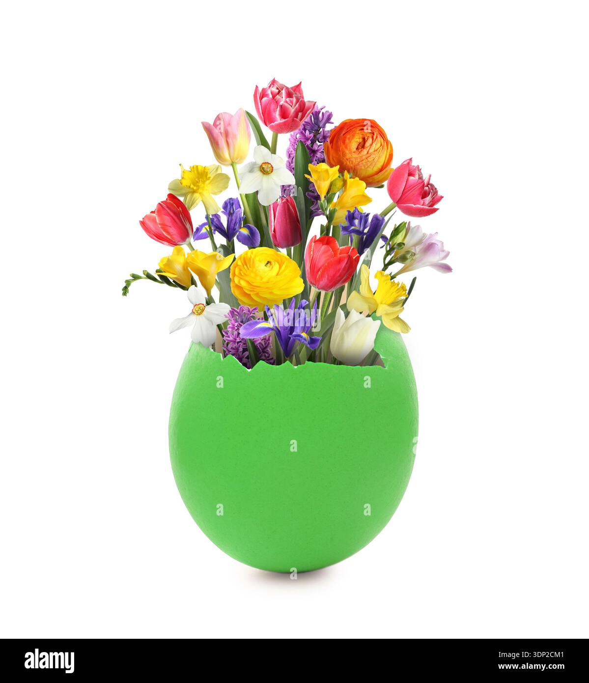 Cracked Easter eggshell with spring flowers on white background Stock Photo