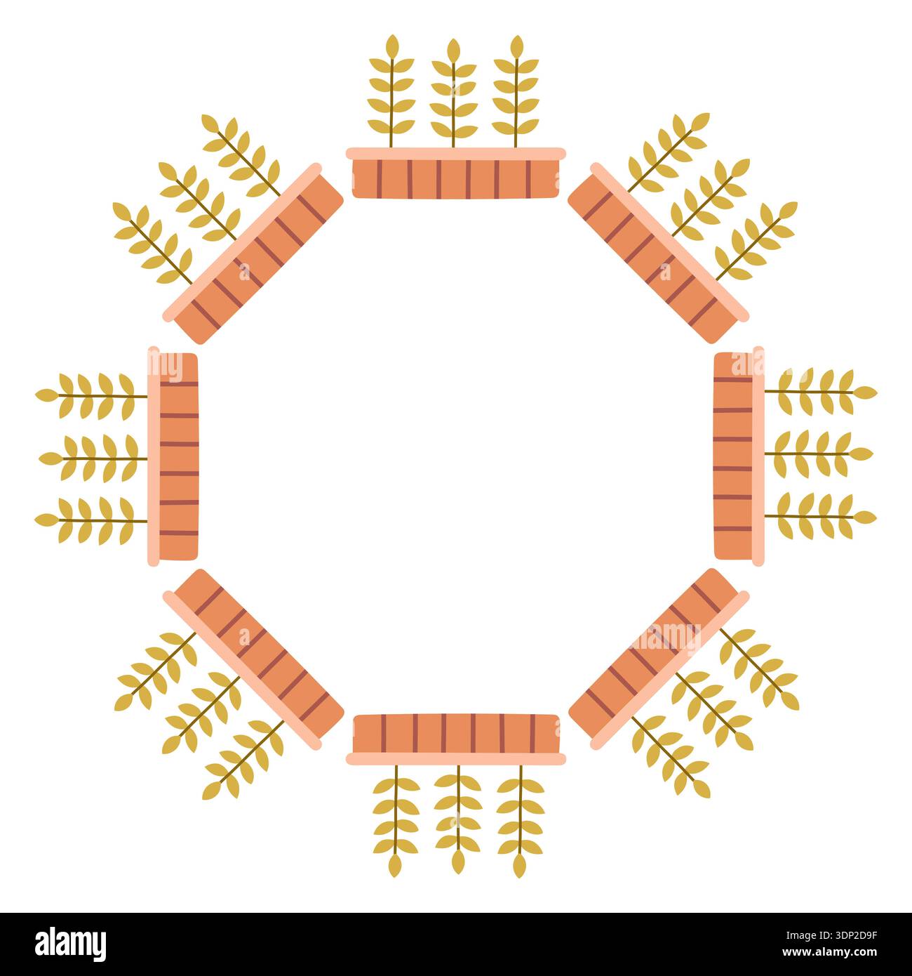Cute circular frame made of potted plants with green plants. Flat hand drawn vector illustration isolated on white background, ideal for gardening Stock Vector