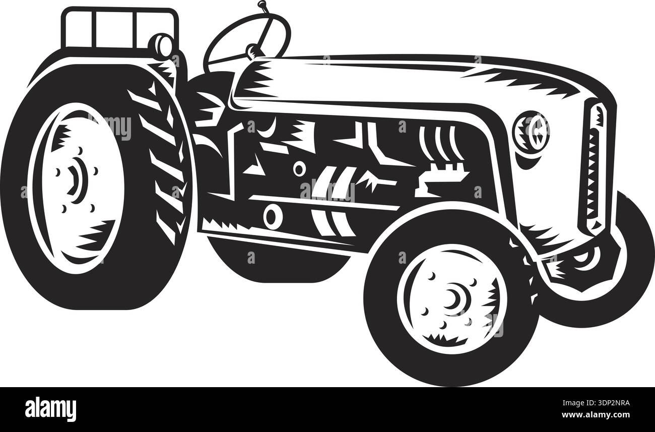 Illustration of a vintage tractor done retro woodcut style black and ...