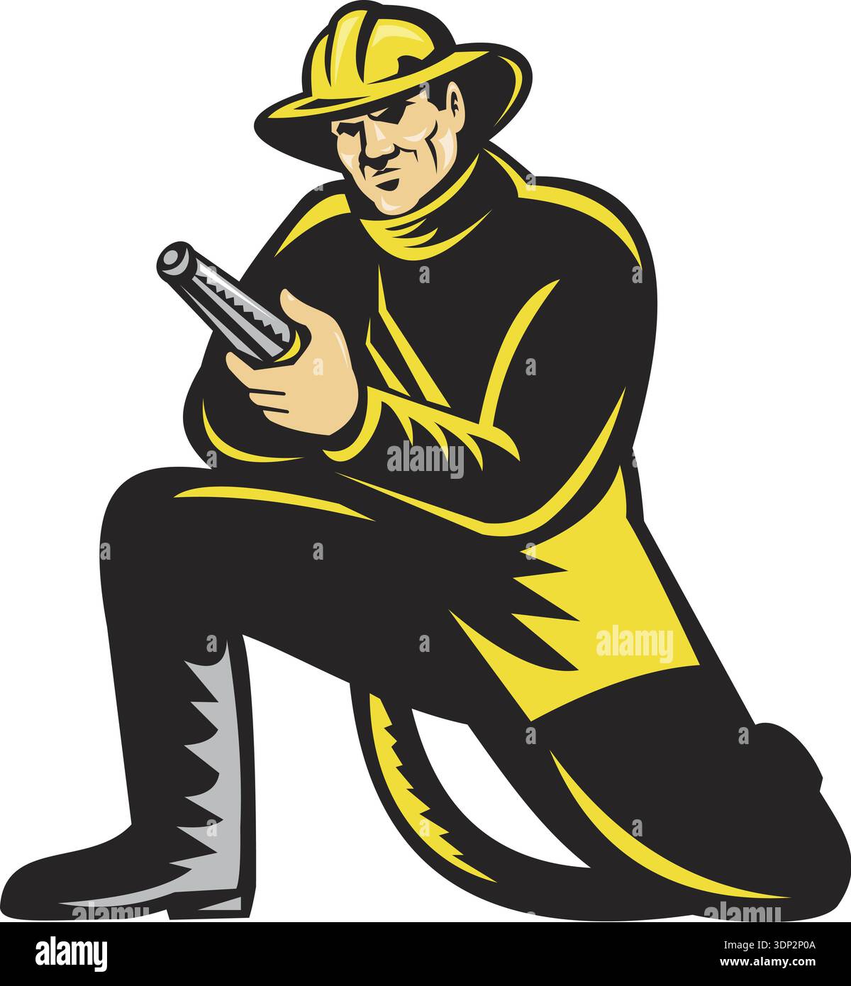 Illustration of a fireman firefighter kneeling aiming fire hose viewed ...