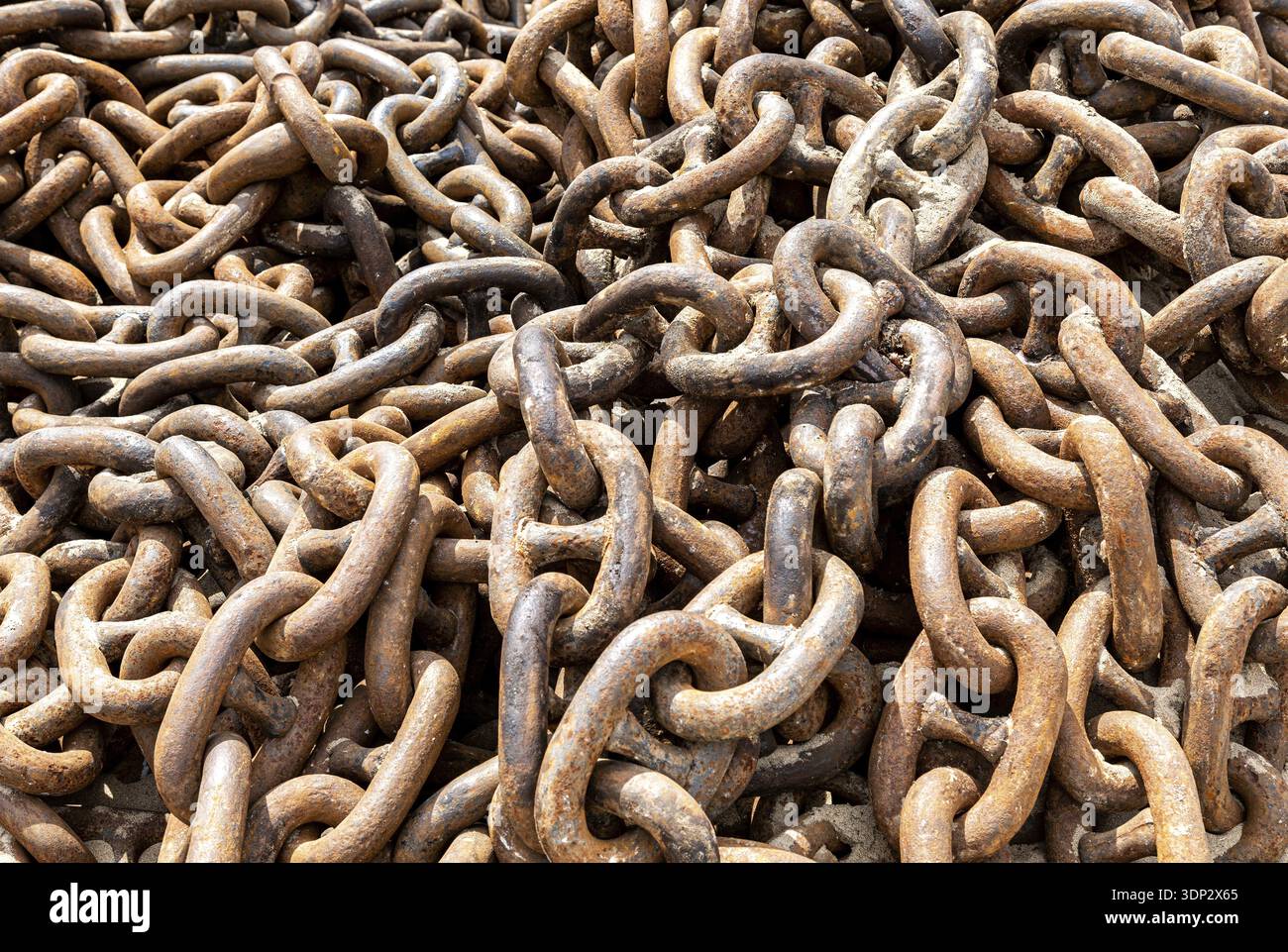 Background from huge old rusty anchor chains Stock Photo