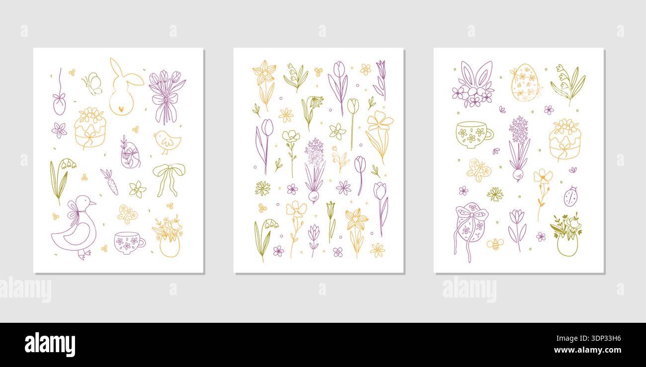 Happy Easter hand drawn whimsy poster set Stock Vector