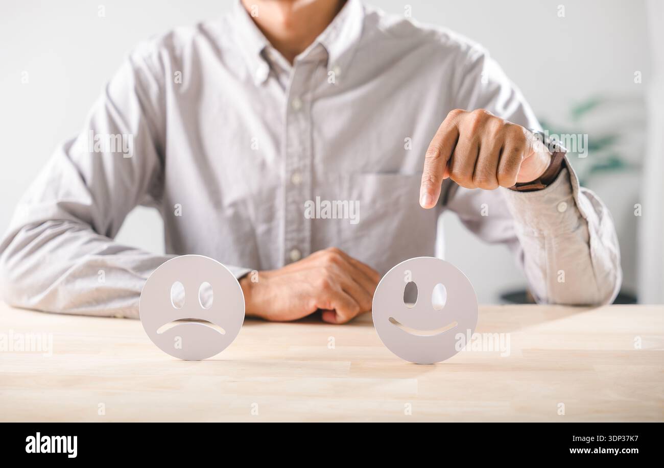 Client Satisfaction Face Customer evaluates emotional contrast, choosing happy face for feedback ...