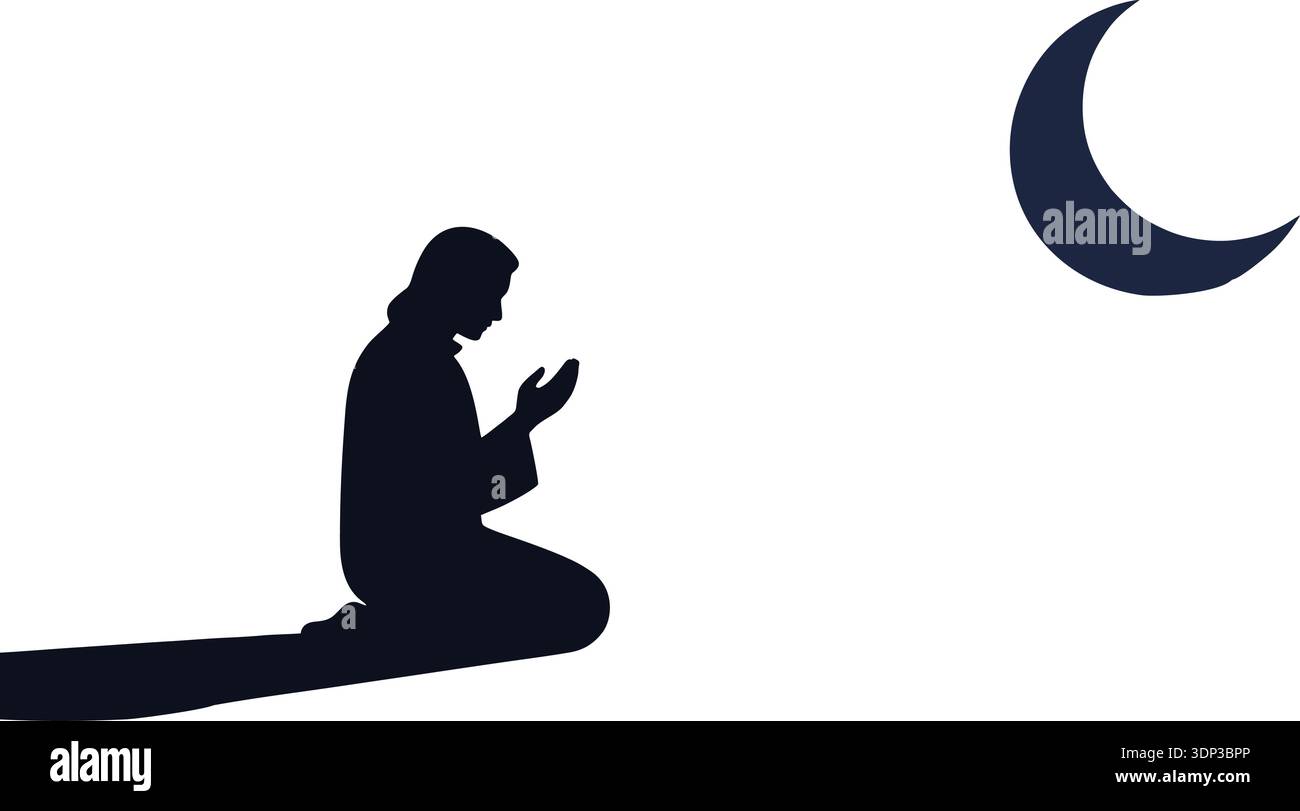 Islamic Silhouette Vector of Muslim Man Praying with Crescent Moon ...