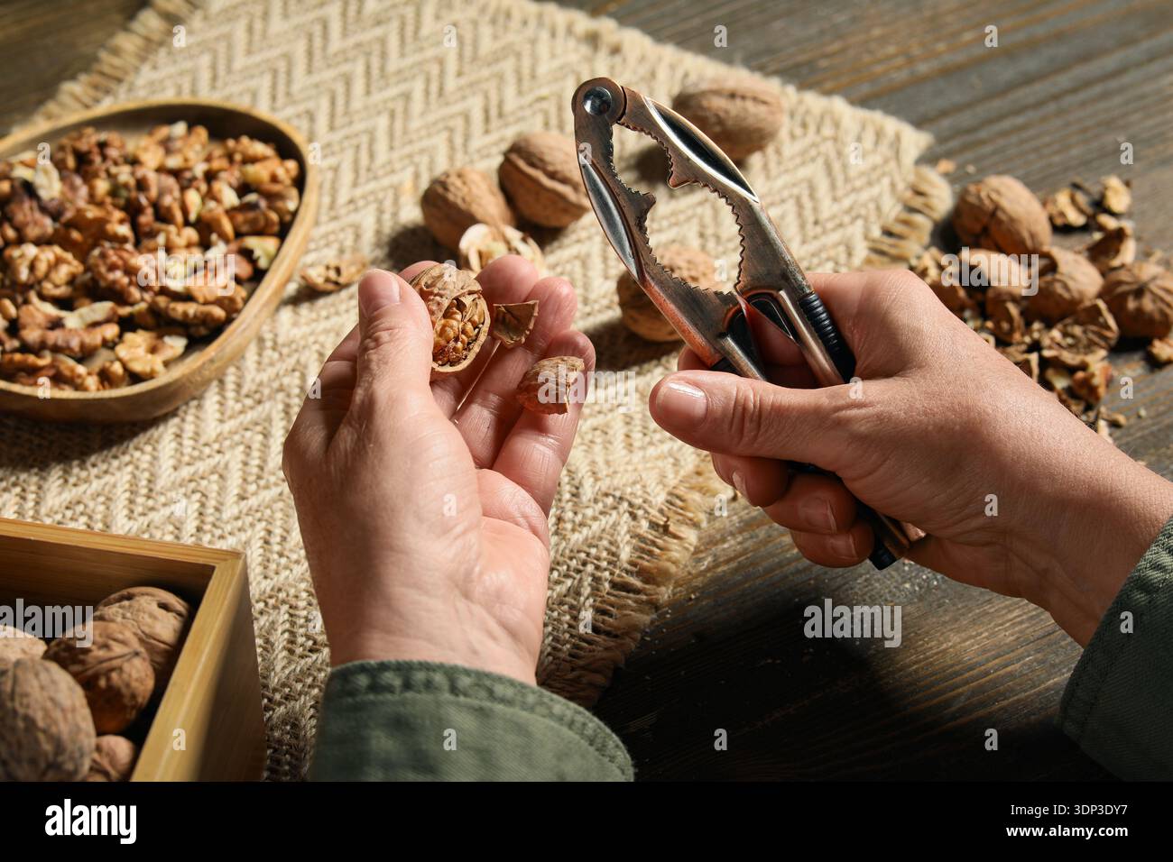 Woman cracking walnuts with nutcracker on wooden table Stock Photo