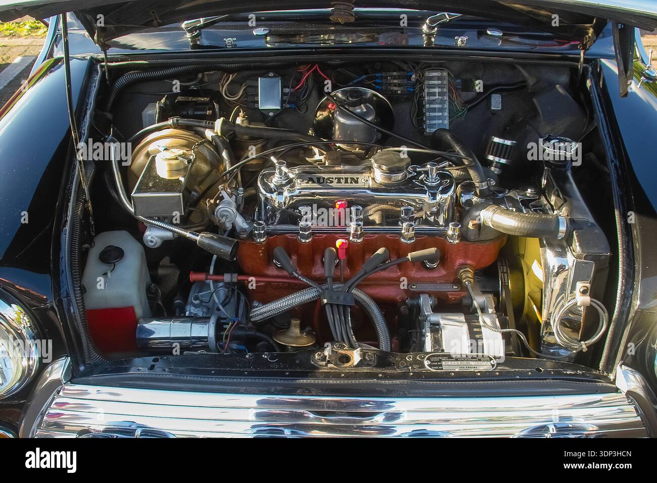 High angle view showing the clean and detailed engine bay of a classic ...