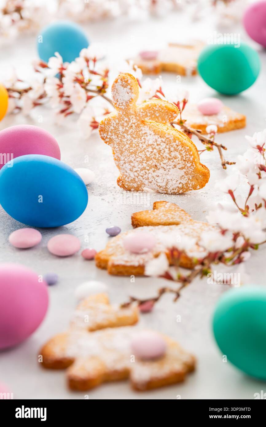 Easter bunny almond cookies and Easter eggs on decorated festive table Stock Photo