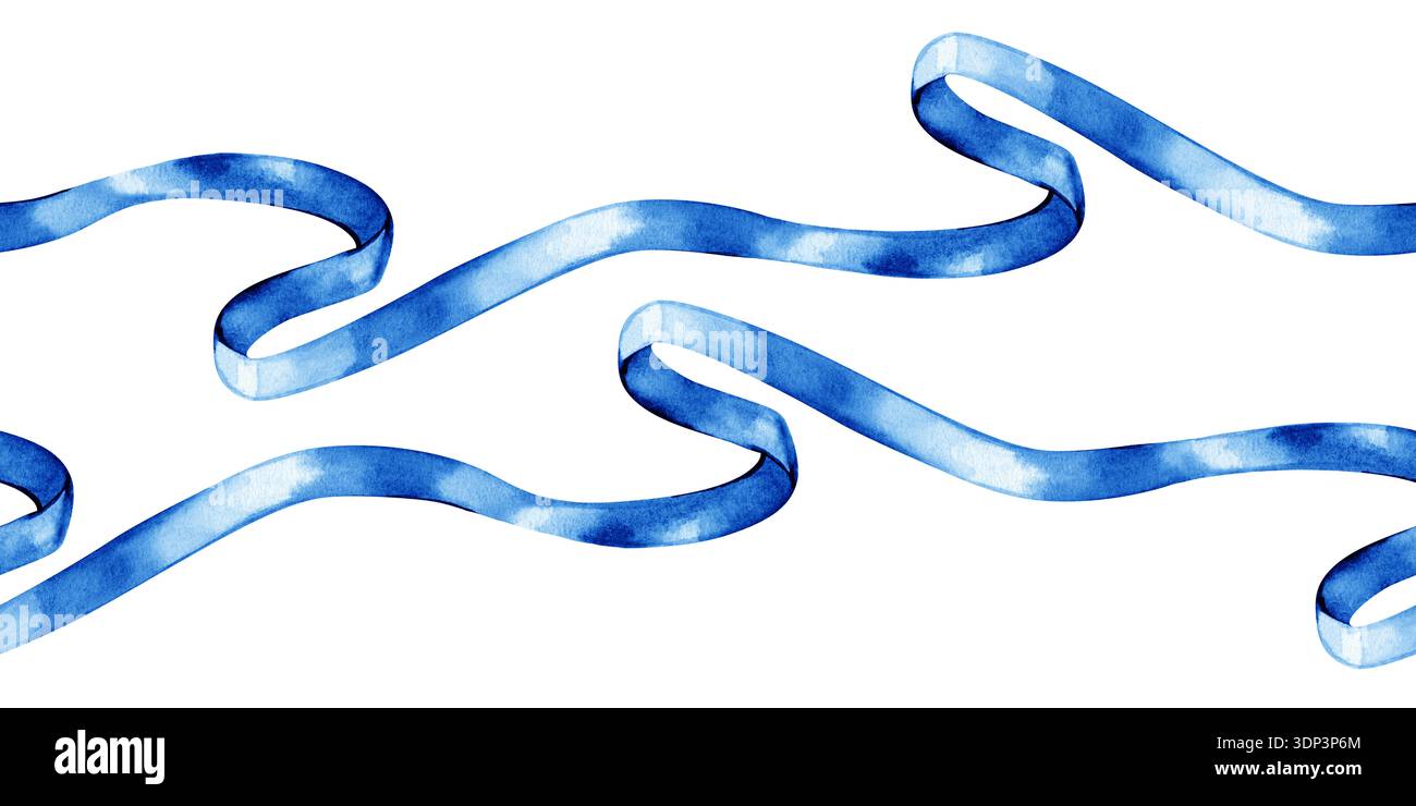 Hand-painted watercolor horizontal seamless border of flowing blue silk ...