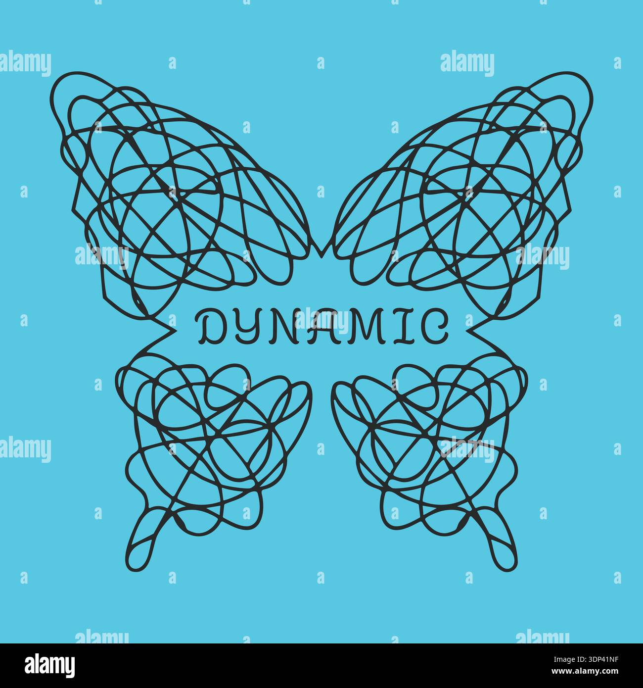 Blue panel featuring a butterfly made of tangled scribble lines with dynamic text centered Stock Vector