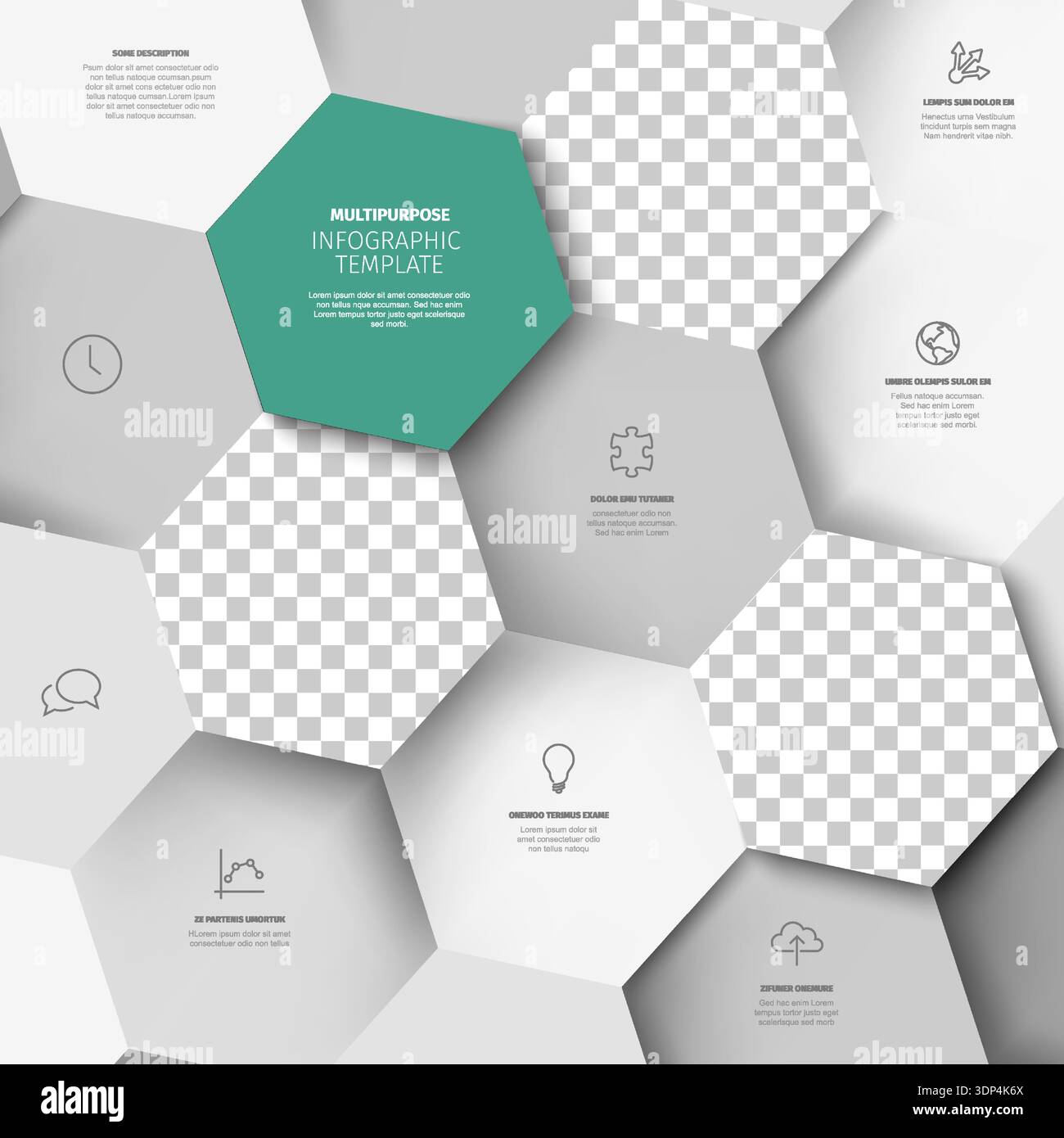 Professional infographic template with three big hexagon photo placeholders featuring a 3D hexagonal layout for data visualization. Hexagonal infograp Stock Vector