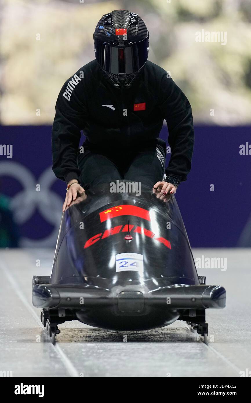China's Ying Qing slides down the track during a women's monobob ...